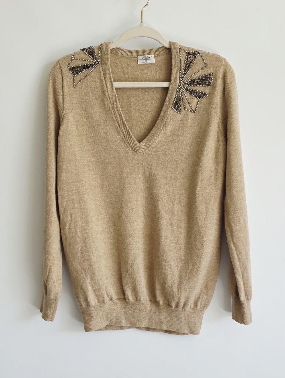Wallace 100% Merino Wool Embellished Shoulders V Neck Beige Sweater Women Size M